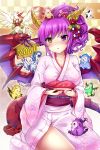  1girl dragon_girl dragon_horns dragon_tail dragon_wings heterochromia highres horns japanese_clothes kimono purple_hair puzzle_&amp;_dragons samoore sonia_(p&amp;d) tail violet_eyes wings yellow_eyes yukata 