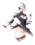  1girl black_gloves blindfold breasts brown_legwear cleavage gloves hometa leotard light_smile lips mole mole_under_mouth nier_(series) nier_automata short_hair simple_background skindentation solo thick_thighs thigh-highs thighs white_background white_gloves white_hair yorha_unit_no._2_type_b 