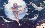  1girl ahoge animal_hood bare_legs bird blonde_hair blue_hair breasts cleavage closed_eyes dove dress full_body full_moon halo hood large_breasts long_hair long_legs mimi_(picarto.tv) moon multicolored_hair nyanfood picarto.tv pink_hair smile solo white_dress 