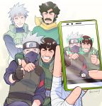  4boys beard black_hair cellphone closed_eyes facial_hair father_and_son fingerless_gloves ghost gloves grin hatake_kakashi hatake_sakumo mask might_duy might_guy multiple_boys mustache naruto phone risuo silver_hair smartphone smile thumbs_up 