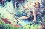  1girl barefoot blonde_hair braid breasts commentary detached_sleeves digital_dissolve forest french_braid full_body hairband highres ice ice_wings long_hair low_wings lying nature nyanfood on_back original revision see-through shorts small_breasts smile solo toes wet wet_clothes wings yellow_eyes 