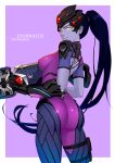  1girl ass bodysuit breasts character_name copyright_name erect_nipples felix_(felix901123) gun head_mounted_display holster impossible_bodysuit impossible_clothes long_hair looking_at_viewer medium_breasts overwatch pink_bodysuit ponytail purple_hair purple_skin solo thigh_holster very_long_hair weapon widowmaker_(overwatch) yellow_eyes 