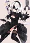  1girl artist_name black_dress black_gloves black_legwear blindfold boots breasts cat center_opening cleavage dress facing_viewer gloves grey_background hairband highleg highres katana large_breasts mole mole_under_mouth nier_(series) nier_automata outstretched_arm parted_lips pod_(nier_automata) short_hair signature sin-poi solo sword thigh-highs thigh_boots thighs weapon white_hair white_leotard yorha_unit_no._2_type_b 