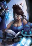  1girl absurdres belt black-framed_eyewear blue_gloves blue_shirt breasts brown_eyes brown_hair chua_wei_chong cleavage coat collarbone commentary drone floating fur_coat fur_trim glasses gloves hair_bun hair_ornament hair_stick highres lips looking_at_viewer medium_breasts mei_(overwatch) nose overwatch robot shirt short_hair sleeveless snowball_(overwatch) solo tank_top upper_body utility_belt weapon 