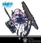  1girl absurdres black_footwear capelet character_name copyright_name full_body highres holding holding_weapon leyte_gulf_(steelblue_mirage) logo long_hair pantyhose pink_hair red_eyes skirt smile solo standing steelblue_mirage very_long_hair warship_girls_r weapon white_background white_legwear xinghuajian 