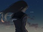  1girl back black_hair blue_eyes blue_sky clouds cloudy_sky commentary evening floating_hair from_behind highres long_hair looking_at_viewer looking_back mole mole_under_eye original revision saitou_(lynx-shrike) school_uniform serafuku sky solo 
