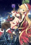 1girl bangs black_gloves black_legwear blonde_hair blush boots box breasts christmas_tree clarisse_(granblue_fantasy) cleavage commentary dutch_angle eyebrows_visible_through_hair flying fur-trimmed_bikini fur-trimmed_boots fur-trimmed_gloves fur_trim gift gift_box gloves granblue_fantasy green_eyes hair_ornament hand_on_own_chest hands_up hat high_heel_boots high_heels highres hips holding holding_gift hood hood_down long_hair medium_breasts midriff navel night night_sky open_mouth ponytail revision rong_yi_tan santa_costume santa_hat sky smile snow solo swept_bangs thigh-highs thighs very_long_hair 