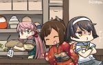  3girls akashi_(kantai_collection) black_hair brown_hair commentary crossed_arms dated gloves hairband hamu_koutarou highres i-401_(kantai_collection) japanese_clothes kantai_collection kimono long_hair multiple_girls neckerchief open_mouth pink_hair ponytail school_uniform serafuku shaded_face tan tanikaze_(kantai_collection) translated white_gloves 