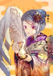  1girl =d alternate_hairstyle animal_print blowing bowl braid bunny_print chopsticks crescent crescent_hair_ornament egasumi feathered_wings flower grey_hair hair_bun hair_flower hair_ornament hair_stick hairpin japanese_clothes jitome kimono kishin_sagume layered_clothing layered_kimono looking_at_viewer obi open_mouth orange_background purple_kimono red_eyes sash sidelocks single_wing solo touhou upper_body white_wings wide_sleeves wings zounose 