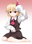  1girl ascot bare_legs blonde_hair bow hair_ribbon long_sleeves red_bow red_eyes ribbon rumia ruu_(tksymkw) shirt short_hair sitting skirt skirt_set sleeves_past_wrists solo touhou vest wariza white_shirt 