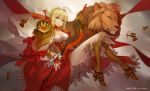  1girl aestus_estus ahoge armor armored_boots blonde_hair boots chess_piece dress epaulettes fate/extra fate/grand_order fate_(series) felix_(felix901123) full_body gauntlets green_eyes highres leotard lion looking_at_viewer red_dress saber_extra see-through solo 