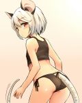  1girl animal_ears back blush cowboy_shot crop_top from_behind gradient gradient_background highres looking_at_viewer looking_back mouse_ears mouse_tail nazrin panties red_eyes short_hair silver_hair sleeveless solo tail tail_wagging touhou underwear yudepii 