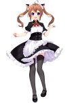  1girl :d ahoge animal_ears apron bangs black_legwear black_shoes blush brown_hair cat_ears dress eyebrows_visible_through_hair floating_hair frilled_apron frilled_dress frills full_body hands_up highres looking_at_viewer maid maid_headdress mary_janes miyakura_shiiha open_mouth original red_ribbon ribbon shoes simple_background smile solo standing thigh-highs twintails violet_eyes white_background 