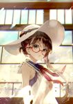  1girl blue_eyes bow brown_hair copyright_request flower glasses hair_flower hair_ornament hana_(asml30) hat hat_bow lace_trim long_hair looking_at_viewer neckerchief parted_lips red-framed_eyewear sailor_collar side_ponytail sleeveless solo sun_hat upper_body window 