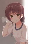  1girl bangs blush breath brown_eyes brown_hair closed_mouth eyebrows_visible_through_hair gym_uniform highres long_hair looking_at_viewer original pen-zin see-through shade smile solo sweat towel upper_body wiping_sweat 