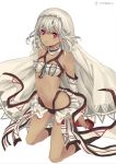  1girl altera_(fate) bandeau bare_shoulders choker dark_skin detached_sleeves fate/extella fate/extra fate/grand_order fate_(series) heart heart-shaped_pupils kneeling looking_at_viewer navel red_eyes short_hair solo stomach symbol-shaped_pupils tattoo ten-chan_(eternal_s) twitter_username veil white_hair 
