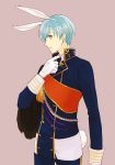  1boy adjusting_clothes adjusting_necktie animal_ears aqua_hair bunny_tail cape fake_animal_ears fake_tail gloves ichigo_hitofuri male_focus military military_uniform necktie rabbit_ears tail touken_ranbu uniform white_gloves yamazaki_mitsuko yellow_eyes 