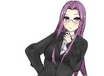  1girl fate/stay_night fate_(series) formal glasses long_hair purple_hair rider solo suit very_long_hair violet_eyes 