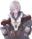 1girl :d ammunition black_legwear black_skirt blue_eyes blush breasts buttons cleavage collarbone from_above full_body gloves grey_shoes hair_ornament hair_over_one_eye hairclip hamakaze_(kantai_collection) hands_on_lap kantai_collection knees_together_feet_apart large_breasts looking_at_viewer machinery miniskirt open_mouth own_hands_together pantyhose pleated_skirt school_uniform serafuku shirt shoes short_hair short_sleeves silver_hair simple_background sitting skirt smile solo strap_cleavage thigh_strap torn_clothes torn_shirt torpedo v_arms wariza white_background white_gloves yukiguni_yuu 