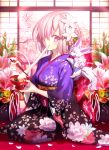  1girl blush cherry_blossoms chopsticks commentary_request eating fate/grand_order fate_(series) floral_print flower fou_(fate/grand_order) hair_flower hair_ornament hair_over_one_eye japanese_clothes kimono looking_at_viewer one_eye_covered petals purple_hair red_carpet shielder_(fate/grand_order) shinooji tagme violet_eyes 