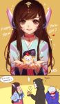  ... 1girl 2017 2boys 2koma bangs blue_shirt brown_eyes brown_hair charm_(object) choker closed_mouth collarbone comic covering_mouth d.va_(overwatch) english facepaint facial_mark fingernails forehead_jewel hand_on_hip hand_up happy_new_year headphones highres holding hood hood_up hoodie index_finger_raised korean_clothes laughing long_sleeves looking_at_viewer mask multiple_boys nail_polish new_year open_mouth overwatch pink_choker pink_lips pink_nails reaper_(overwatch) scar scar_across_eye shirt short_hair skirt skull_mask smile smug soldier:_76_(overwatch) songjikyo sparkle spoken_ellipsis star teeth tiara traditional_clothes visor whisker_markings white_hair 