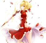 1girl aestus_estus ahoge ass blonde_hair butt_crack commentary_request dress epaulettes fate/extra fate_(series) green_eyes highres holding holding_sword holding_weapon looking_at_viewer looking_back no_panties red_dress saber_extra solo sword uonuma_yuu weapon white_background 