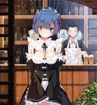  1boy 1girl alcohol apron beer beer_mug black_hair black_ribbon blue_eyes blue_hair blush bow bowtie breasts cleavage cowboy_shot detached_sleeves eyes_visible_through_hair frilled_sleeves frills hair_ornament hair_over_one_eye hair_ribbon lucky_(1045044604) maid maid_headdress medium_breasts natsuki_subaru purple_ribbon re:zero_kara_hajimeru_isekai_seikatsu rem_(re:zero) ribbon ribbon-trimmed_clothes ribbon_trim short_hair smile underbust x_hair_ornament 