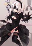  1girl artist_name black_dress black_gloves black_legwear blindfold blurry boots breasts cat center_opening cleavage depth_of_field dress facing_viewer gloves grey_background hairband highleg highres katana large_breasts mole mole_under_mouth nier_(series) nier_automata outstretched_arm parted_lips pod_(nier_automata) shade short_hair signature sin-poi solo sword thigh-highs thigh_boots thighs weapon white_hair white_leotard yorha_unit_no._2_type_b 