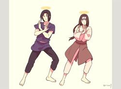  2boys barefoot black_hair brown_hair capri_pants closed_eyes dancing forehead_protector halo hyuuga_neji japanese_clothes koi_dance lavender_eyes long_hair multiple_boys naruto pants risuo uchiha_itachi 