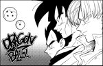  3boys black_eyes black_hair copyright_name dragon_ball dragon_ball_(object) dragonball_z father_and_son jacket looking_away male_focus monochrome multiple_boys official_style petagon serious short_hair simple_background smile son_gokuu spiky_hair trunks_(dragon_ball) vegeta white_background 