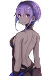  1girl assassin_(fate/prototype_fragments) backless_outfit dark_skin fate/prototype fate/prototype:_fragments_of_blue_and_silver fate_(series) from_behind highres looking_at_viewer looking_back plan_(planhaplalan) purple_hair smile solo underwear upper_body violet_eyes white_background 