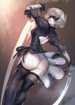  1girl ass backless_outfit black_legwear blindfold breasts hairband hidezi highres leotard lips looking_at_viewer looking_back mole mole_under_mouth nier_(series) nier_automata short_hair skirt solo thigh-highs thighs white_hair yorha_unit_no._2_type_b 