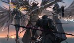  2boys 2girls armor chains fire flame flying ghostblade helmet hood horns lips looking_at_another multiple_boys multiple_girls polearm spear sword weapon wings wlop 