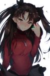  1girl absurdres black_hair black_ribbon blue_eyes blush breasts crying crying_with_eyes_open fate/stay_night fate_(series) gem hair_ribbon highres hplay long_hair long_sleeves looking_at_viewer medium_breasts nose_blush red_shirt ribbon shirt solo tears tohsaka_rin two_side_up upper_body 