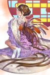  1girl bangs bare_shoulders brown_eyes brown_hair closed_mouth feathers from_side geroro hand_up japanese_clothes kimono kimono_pull looking_to_the_side nape original sitting socks solo tabi tail white_kimono white_legwear year_of_the_rooster yokozuwari 