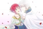  1boy 1girl akagami_no_shirayukihime blue_eyes cape collarbone couple dress eye_contact gloves gradient gradient_background green_eyes hair_ornament hand_holding jewelry looking_at_another necklace petals redhead rosa_tsubomi shirayuki_(akagami_no_shirayukihime) short_hair smile white_hair zen_wistalia 