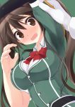  1girl armpits blush brown_eyes brown_hair character_request hair_between_eyes highres jacket kantai_collection looking_at_viewer naturalton open_mouth sweat tagme tone_(kantai_collection) twintails wavy_mouth 