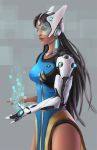  1girl black_hair breasts brown_eyes clark_wootton cowboy_shot dark_skin dress earrings forehead_jewel grey_background headgear hologram jewelry lips long_hair mechanical_arm medium_breasts nose overwatch parted_lips pelvic_curtain pixels science_fiction short_sleeves simple_background solo square symmetra_(overwatch) visor 