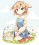  1girl animal_ears bangs basket blonde_hair blue_dress blush bow boyano braid brown_eyes bunny_girl clouds dress easter egg eyebrows_visible_through_hair flower frilled_shirt_collar frills grass hair_bow long_sleeves original parted_bangs parted_lips rabbit_ears ribbed_shirt shirt single_braid sitting socks solo wariza white_legwear yellow_bow 