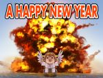 (o)_(o) 1girl :d ahoge brown_hair chibi detached_sleeves explosion fake_wings fire happy_new_year holding ishii_hisao kantai_collection kongou_(kantai_collection) long_hair looking_at_viewer new_year nontraditional_miko open_mouth pleated_skirt skirt smile solo wings 