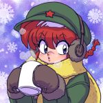  1girl bangs blue_background blue_eyes braid brown_gloves cabbie_hat chinese_clothes cup earmuffs genderswap genderswap_(mtf) gloves green_coat green_hat hat holding looking_at_viewer mittens mug parted_lips portrait puckered_lips ranma-chan ranma_1/2 redhead scarf short_hair single_braid snowflake_background solo standing steam wantan-orz winter_clothes yellow_scarf 