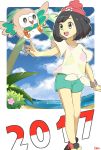  1girl 2017 :d bangs beak beanie bird bird_wings black_hair bob_cut feathered_wings feathers female_protagonist_(pokemon_sm) floral_print green_eyes green_shorts hat highres open_mouth owl parted_bangs pokemon pokemon_(game) pokemon_sm red_hat rowlet shirt short_hair short_sleeves shorts smile talons tied_shirt wings yellow_shirt 