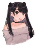  1girl :p bangs bare_shoulders black_hair blunt_bangs blush brown_eyes closed_mouth collarbone earrings jewelry long_hair looking_at_viewer miyako_(xxxbibit) off-shoulder_sweater original piercing portrait smile solo sweater tareme thick_eyebrows tongue tongue_out tongue_piercing twintails upper_body 