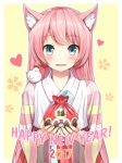  1girl 2017 animal_ears bag bangs bird blue_eyes blush cat_ears chicken eyebrows_visible_through_hair floral_background hakama happy_new_year heart high-waist_skirt highres holding japanese_clothes long_hair looking_at_viewer new_year nontraditional_miko on_shoulder original parted_lips pink_hair pleated_skirt red_skirt skirt smile solo striped_sleeves superpig_(wlstjqdla) translated upper_body year_of_the_rooster yellow_background 