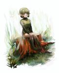  1girl aoki_(fumomo) backlighting belt_buckle boots buckle closed_mouth dappled_sunlight fairy fairy_wings full_body grass green_boots green_eyes green_hair hands_on_lap knee_boots long_sleeves looking_at_viewer no_socks plant pointy_ears saria short_hair sitting smile solo sunlight the_legend_of_zelda the_legend_of_zelda:_ocarina_of_time tree_stump tunic turtleneck v_arms wings 