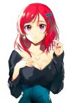  1girl arms_at_sides bangs bare_shoulders bead_necklace beads breasts cleavage green_ribbon hair_ribbon hand_on_own_chest jewelry large_breasts looking_at_viewer looking_up love_live! love_live!_school_idol_project nail_polish necklace nishikino_maki off_shoulder parted_lips pink_nails redhead ribbon simple_background sketch solo tibino upper_body violet_eyes white_background 