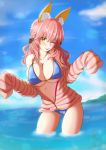  1girl animal_ears bikini blue_bikini breasts cleavage fate/extella fate/extra fate/grand_order fate_(series) fox_ears jewelry large_breasts looking_at_viewer navel necklace ocean off_shoulder one_eye_closed open_clothes open_shirt pink_hair shirt signature solo souryu_1231 swimsuit tamamo_(fate)_(all) tamamo_no_mae_(fate) tamamo_no_mae_(swimsuit_lancer)_(fate) tongue tongue_out type-moon yellow_eyes 
