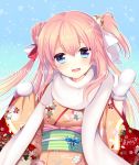  1girl agekichi_(heart_shape) blue_eyes happy_new_year japanese_clothes kimono long_hair mittens new_year original pink_hair solo 