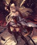  1girl bangs bare_shoulders bird black_gloves black_legwear black_wings blonde_hair boots chains collar commentary dark_angel_olivia detached_collar dual_wielding eagle eyebrows_visible_through_hair feathers floating_hair gloves high_heel_boots high_heels highres holding holding_sword holding_weapon horns long_hair looking_at_viewer pleated_skirt shingeki_no_bahamut skirt solo standing sword tachikawa_mushimaro thigh-highs thigh_boots very_long_hair weapon white_skirt wings zettai_ryouiki 