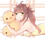  1girl ahoge animal_pillow azuki_(krps-hano) bangs bare_shoulders bird blush breasts brown_hair checkered checkered_background chick cleavage dress green_eyes grin hair_ribbon long_hair looking_at_viewer lying medium_breasts object_hug on_stomach orange_ribbon original parted_lips pillow ribbon smile solo twintails yellow_dress 